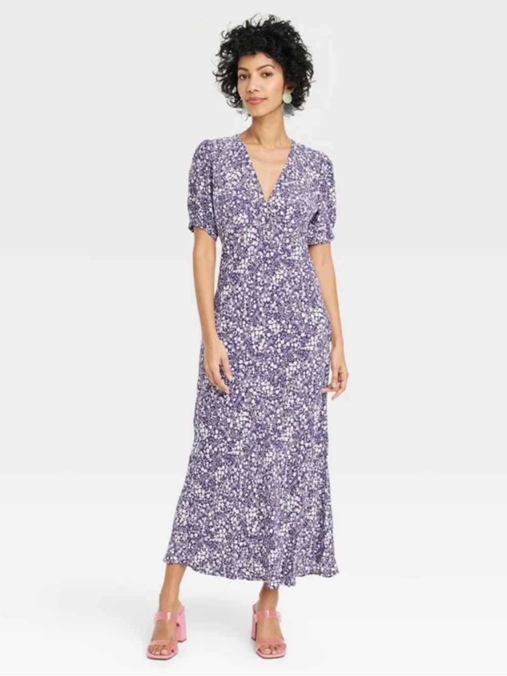 a new day Purple Floral V-Neck Puff-Sleeve Midi Dress